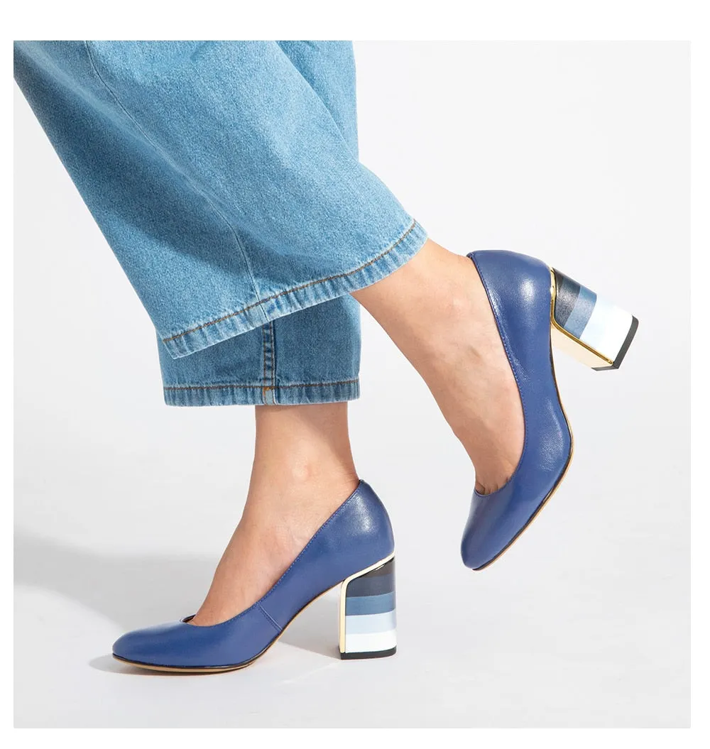 Leather Pointed Toe Slip On Chunky Heel Pumps