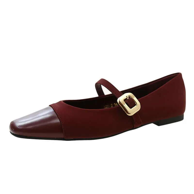 MQTIME -  Women's Flats Patchwork Mary Janes Shoes Square Buckle Designer Shoes for Female Spring Autumn Girls Princess Leather Shoe 1755N