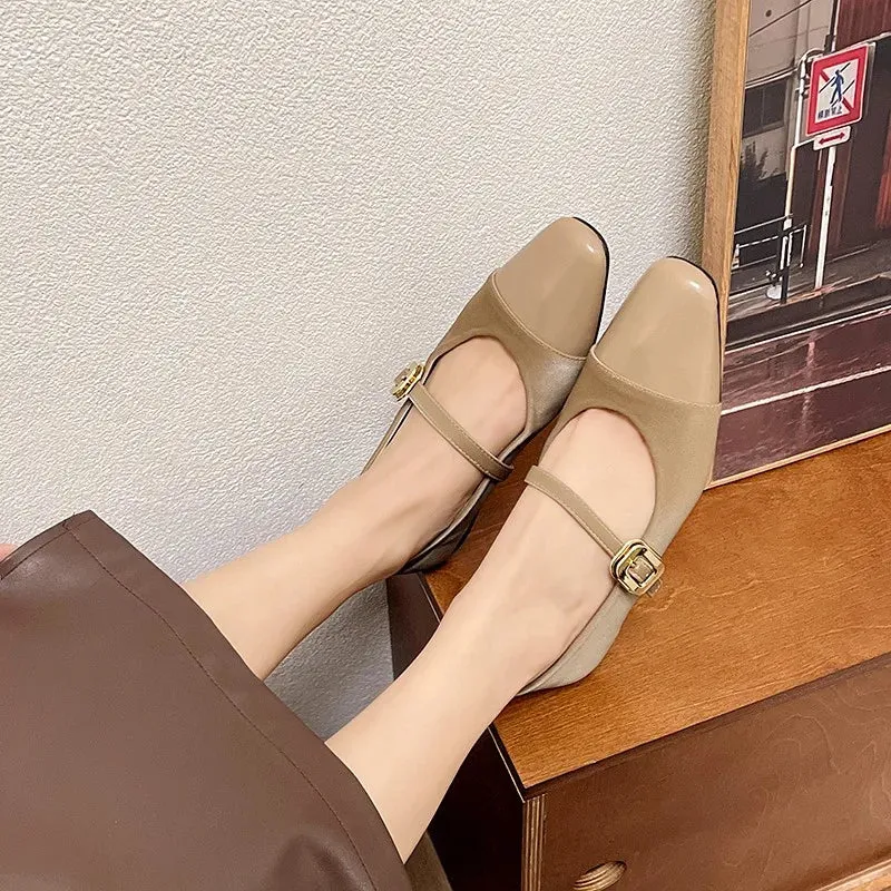 MQTIME -  Women's Flats Patchwork Mary Janes Shoes Square Buckle Designer Shoes for Female Spring Autumn Girls Princess Leather Shoe 1755N