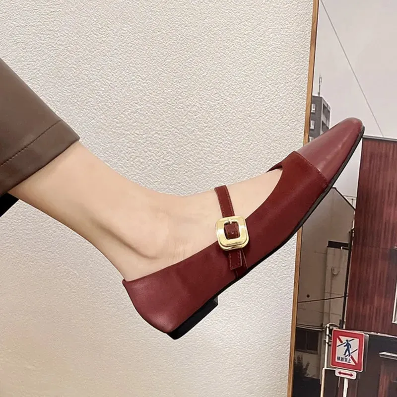 MQTIME -  Women's Flats Patchwork Mary Janes Shoes Square Buckle Designer Shoes for Female Spring Autumn Girls Princess Leather Shoe 1755N