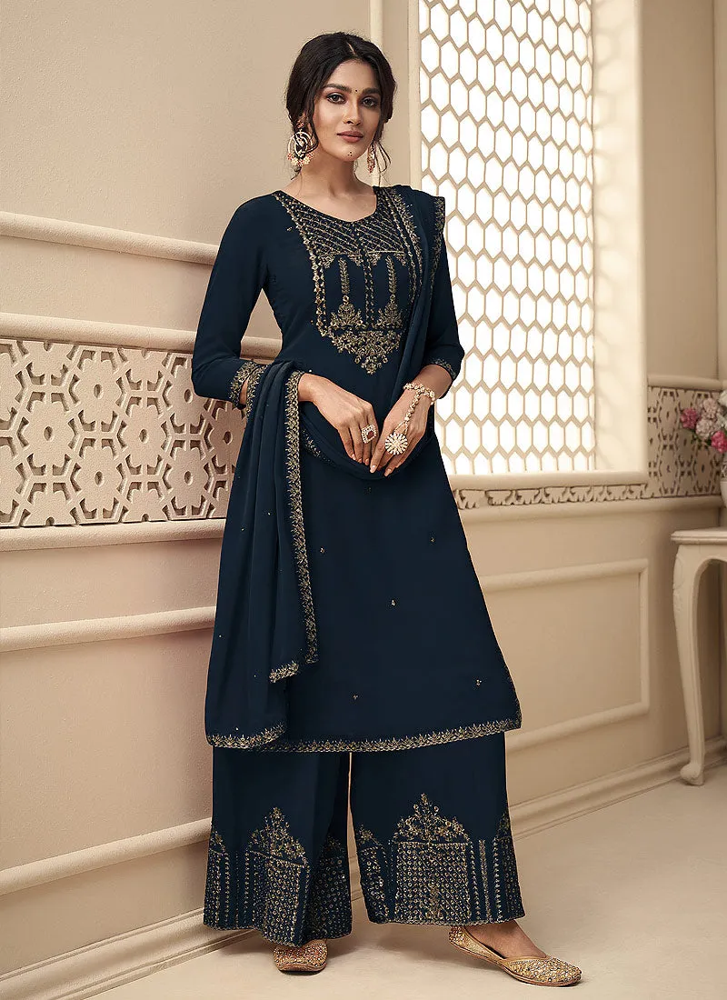 Peacock Blue Rehsamkari Embroidered Designer Palazzo Suit