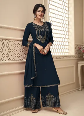 Peacock Blue Rehsamkari Embroidered Designer Palazzo Suit
