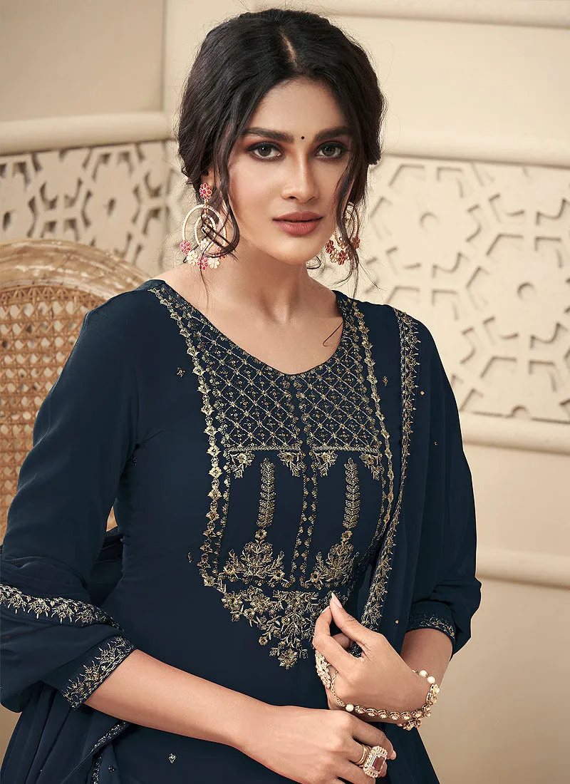 Peacock Blue Rehsamkari Embroidered Designer Palazzo Suit