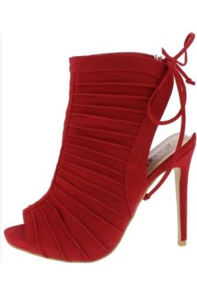 Red Rib Peep Toe Back Tie Heels Shoes