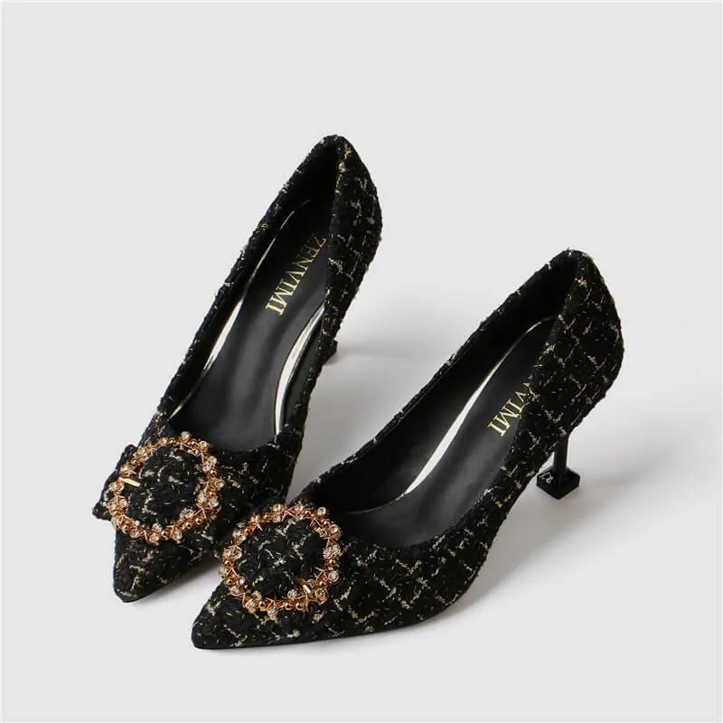 Rhinestone Point Toe Slip On Kit Heel Pumps