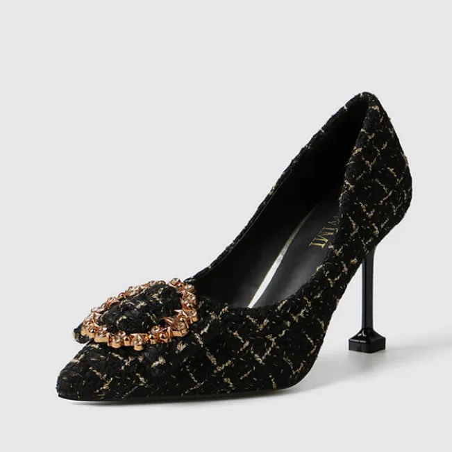 Rhinestone Point Toe Slip On Kit Heel Pumps