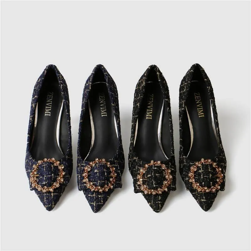 Rhinestone Point Toe Slip On Kit Heel Pumps