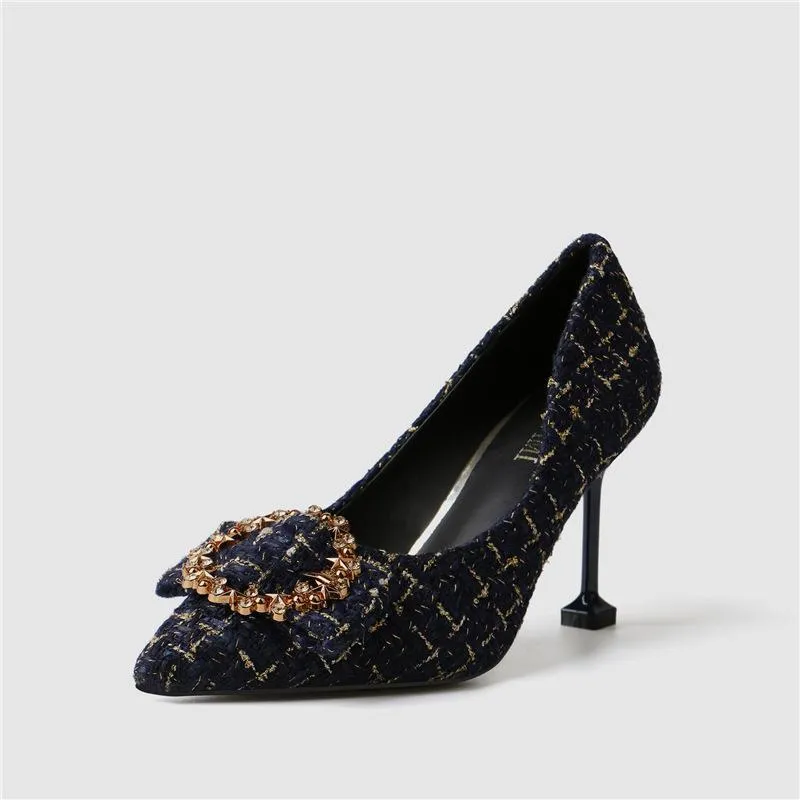 Rhinestone Point Toe Slip On Kit Heel Pumps