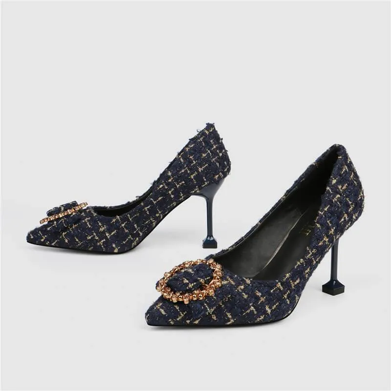 Rhinestone Point Toe Slip On Kit Heel Pumps