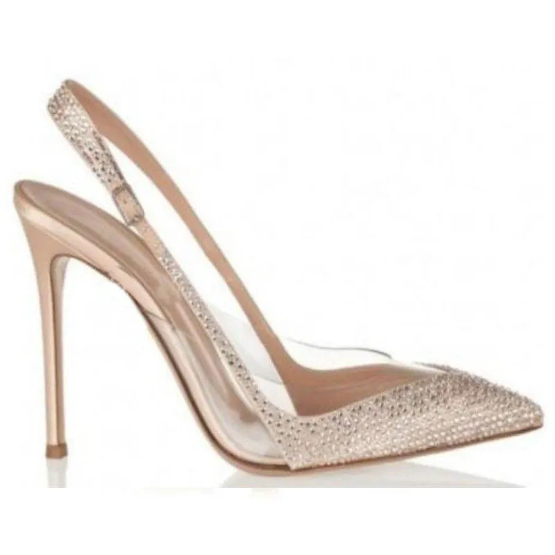 Sexy Gold Buckle Rhinestone Point Toe Pumps