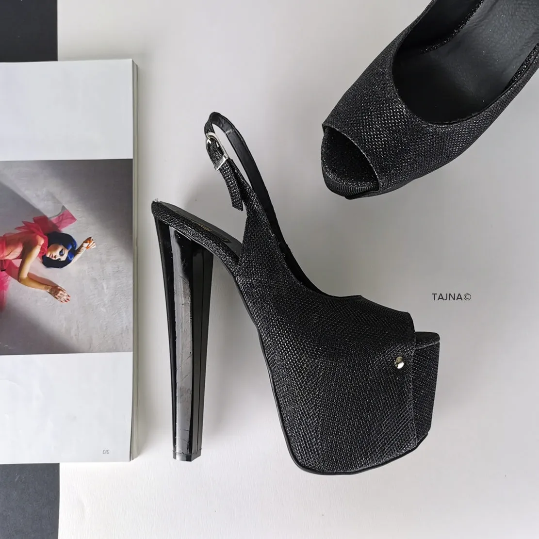 SlingBack Black Shimmer Peep Toe Pumps