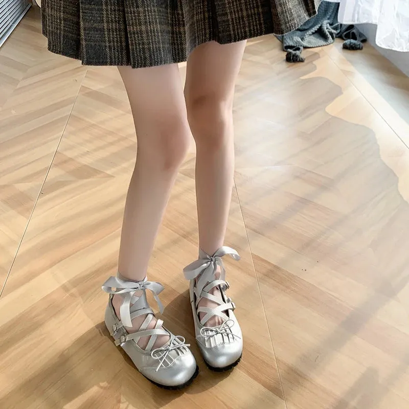Sohiwoo Fashion crossover lace-up ballet shoes 2024 spring new personalized women's single shoe puff shoes cute style dancing shoes