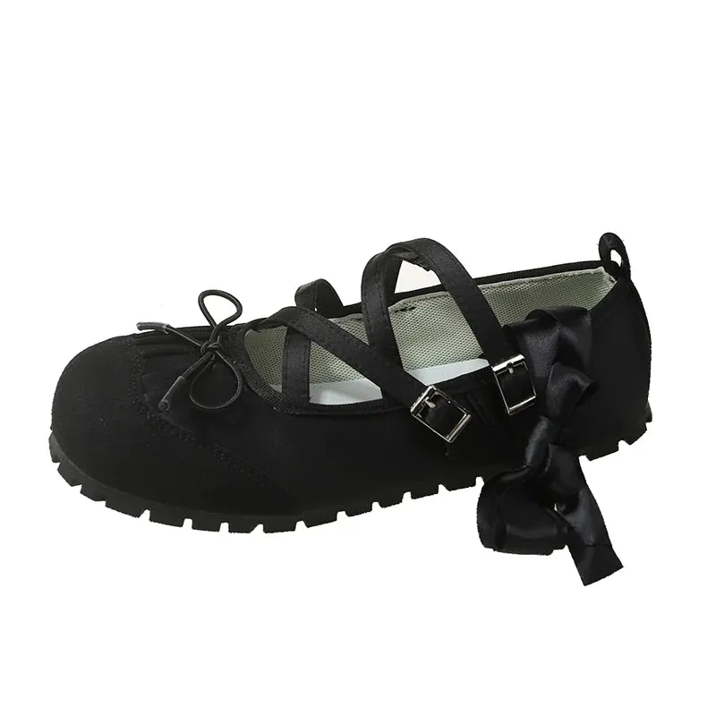 Sohiwoo Fashion crossover lace-up ballet shoes 2024 spring new personalized women's single shoe puff shoes cute style dancing shoes