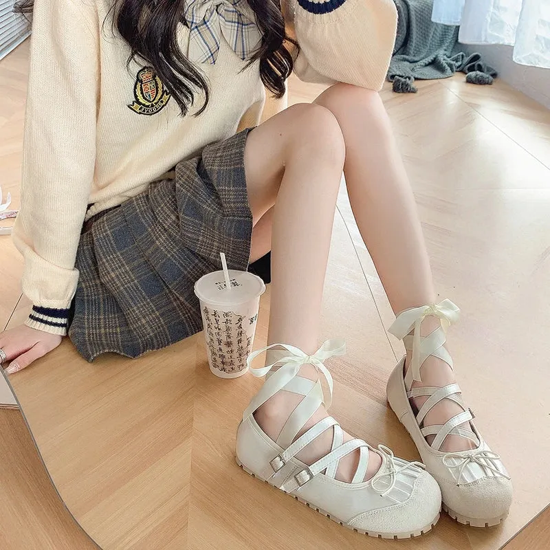 Sohiwoo Fashion crossover lace-up ballet shoes 2024 spring new personalized women's single shoe puff shoes cute style dancing shoes