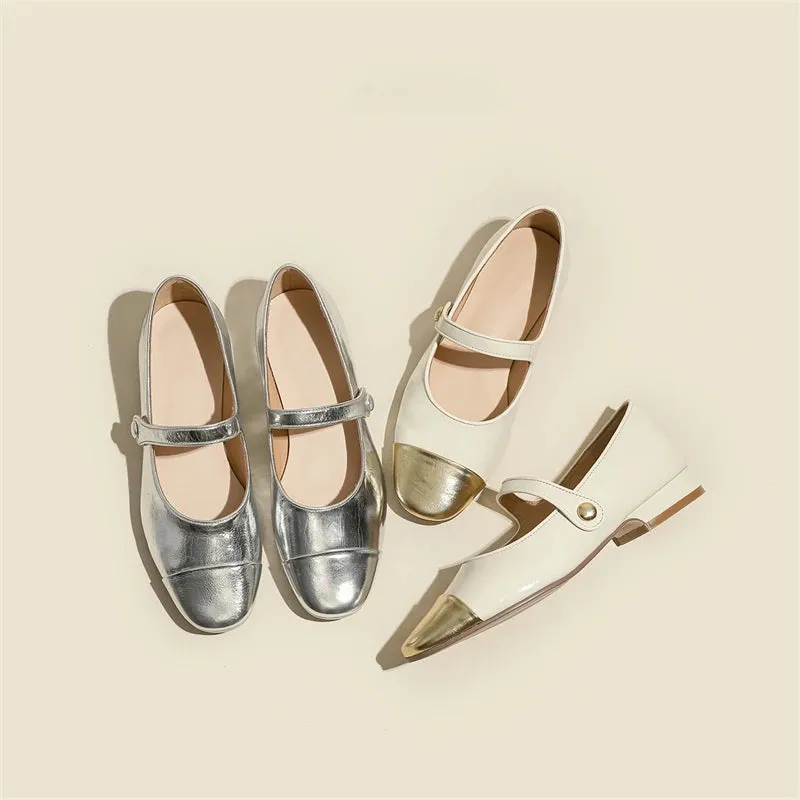 Sohiwoo Silver Mary Jane Women's Low Heel New Summer Lady Flats Shallow Mouth French Pu Patchwork Square Toe Leisure Fashion Shoes