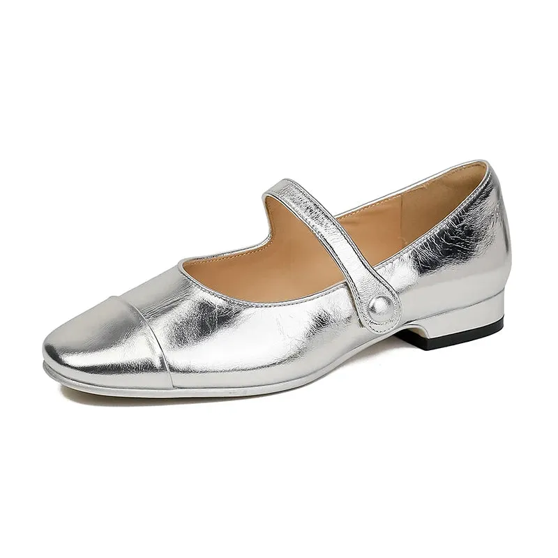 Sohiwoo Silver Mary Jane Women's Low Heel New Summer Lady Flats Shallow Mouth French Pu Patchwork Square Toe Leisure Fashion Shoes