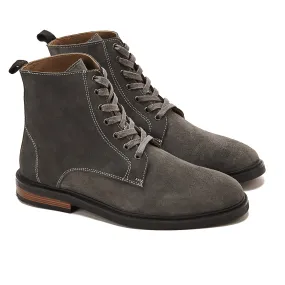 Suede Lace Up Genuine Leather Half Boots - Gray