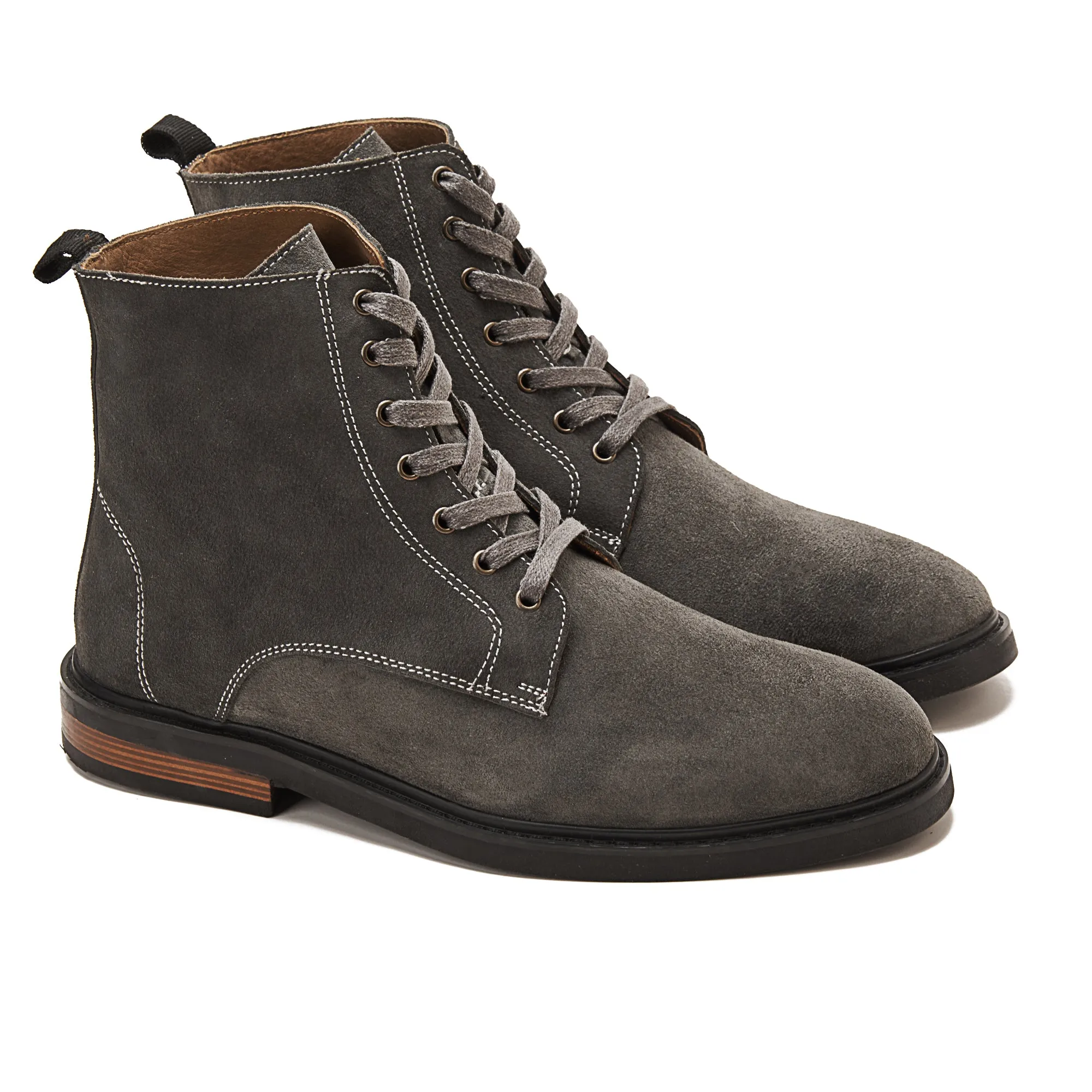 Suede Lace Up Genuine Leather Half Boots - Gray