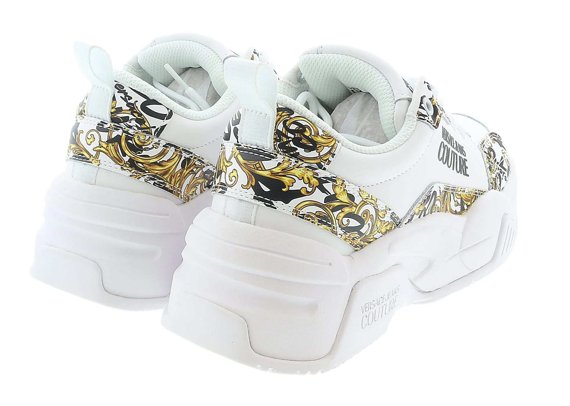 Versace Jeans Couture White/Gold Baroque Print Trim Lace Up Sneakers-