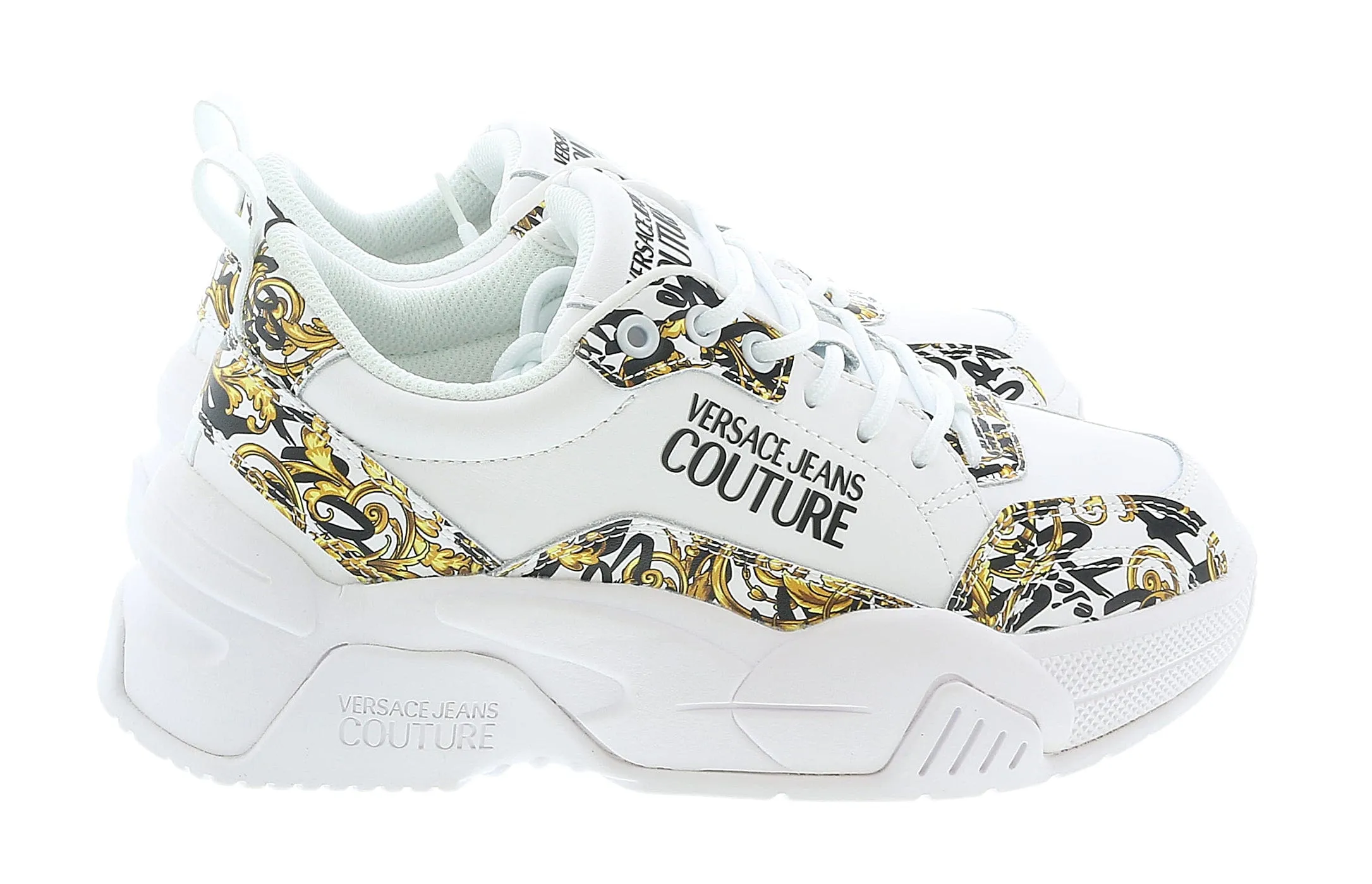 Versace Jeans Couture White/Gold Baroque Print Trim Lace Up Sneakers-