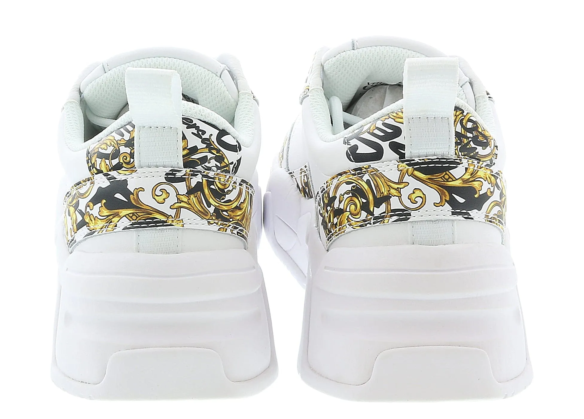 Versace Jeans Couture White/Gold Baroque Print Trim Lace Up Sneakers-