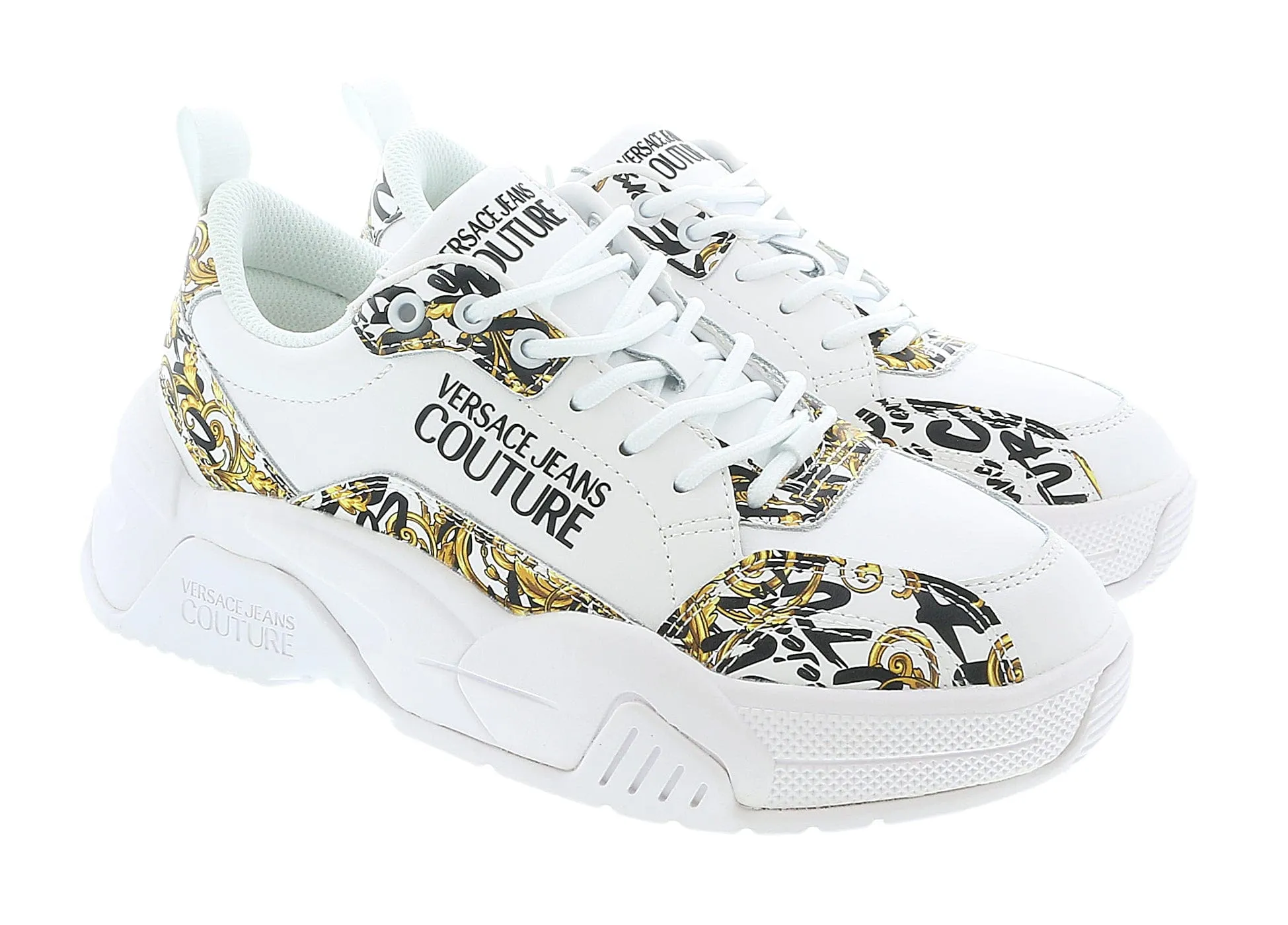 Versace Jeans Couture White/Gold Baroque Print Trim Lace Up Sneakers-
