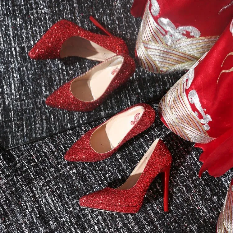 Wedding Sequin Point Toe Slip-On Pumps