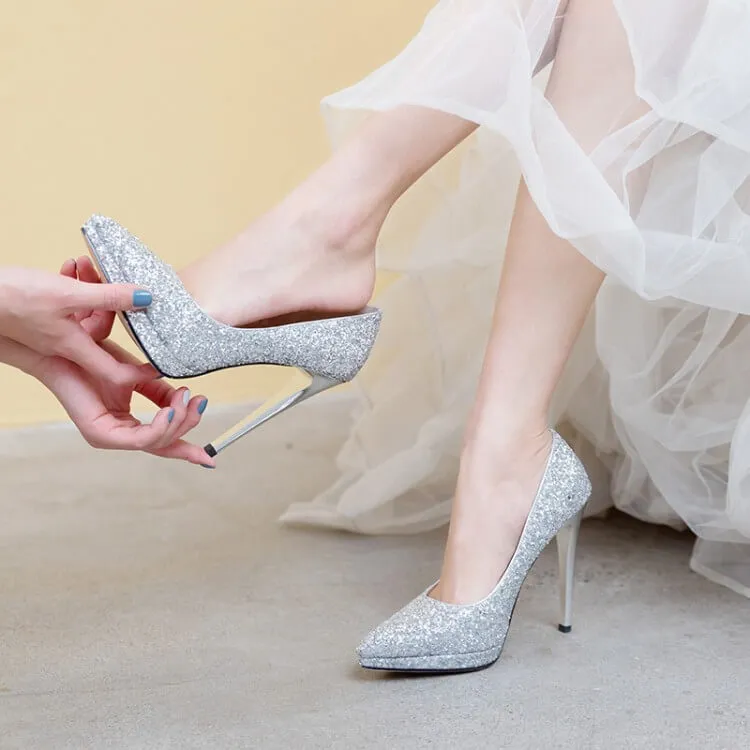 Wedding Sequin Point Toe Slip-On Pumps