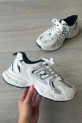 WHITE SILVER LACE UP FASHION STYLISH CHUNKY FLAT TRAINERS