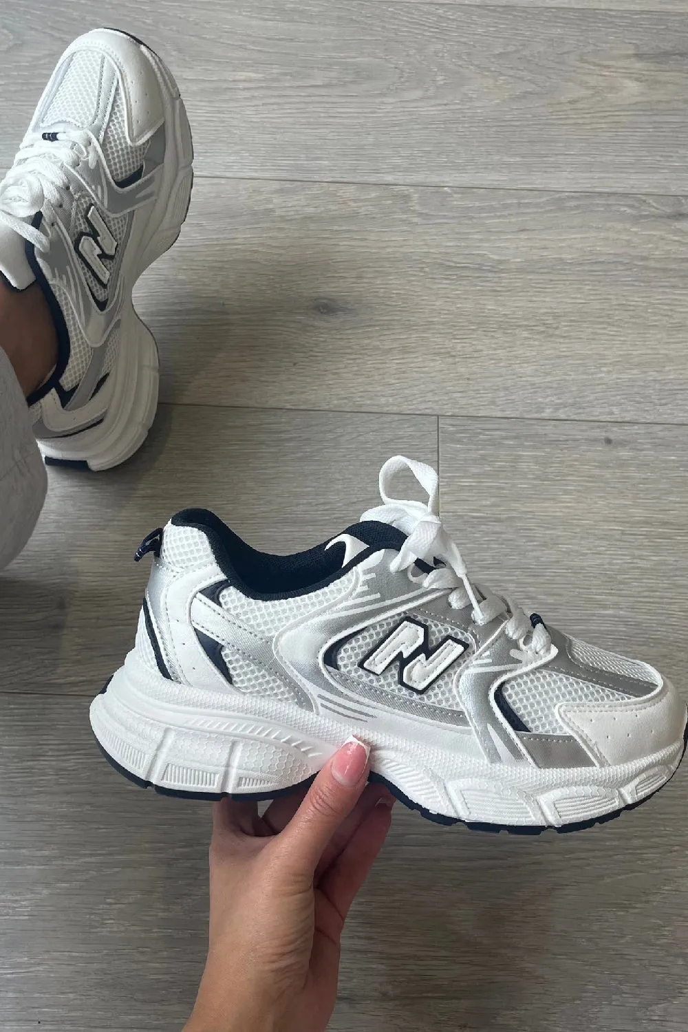 WHITE SILVER LACE UP FASHION STYLISH CHUNKY FLAT TRAINERS
