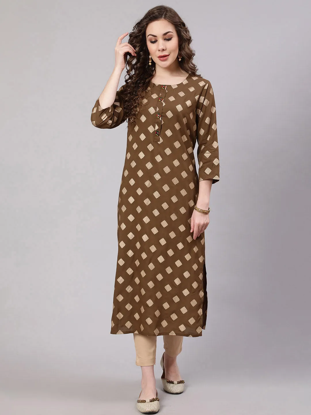 Women Brown Rayon Slub Straight Kurta