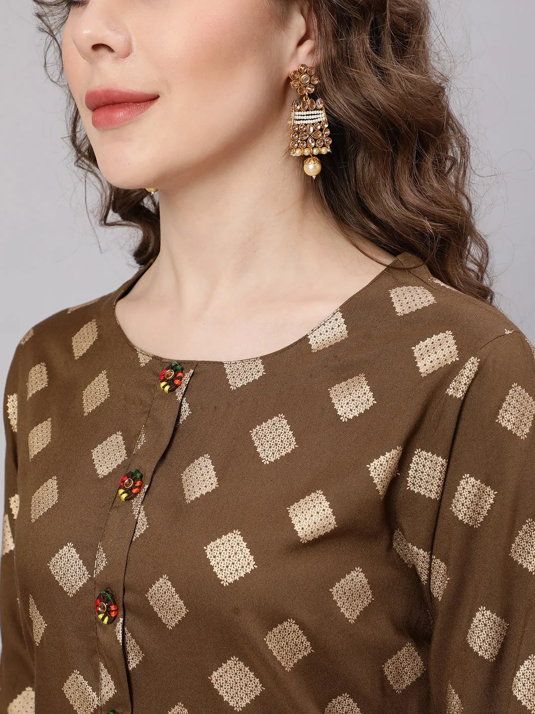 Women Brown Rayon Slub Straight Kurta
