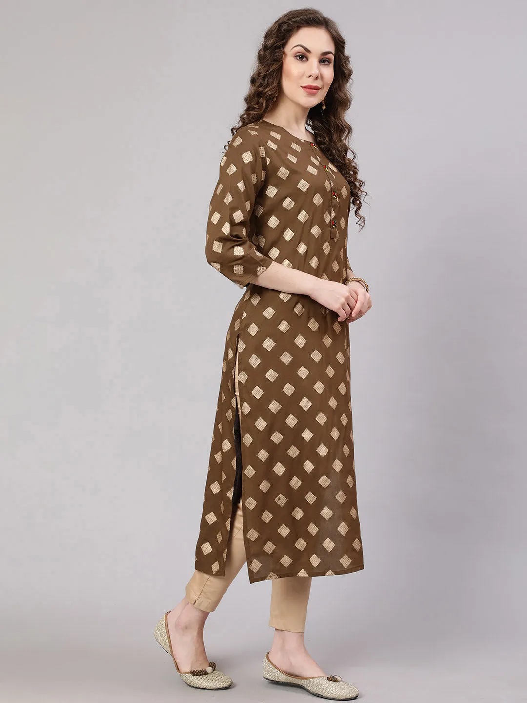 Women Brown Rayon Slub Straight Kurta