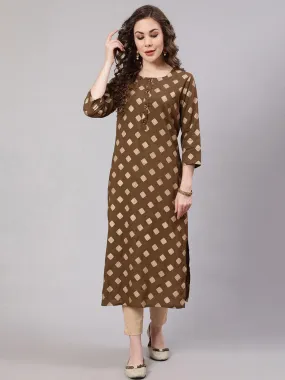 Women Brown Rayon Slub Straight Kurta