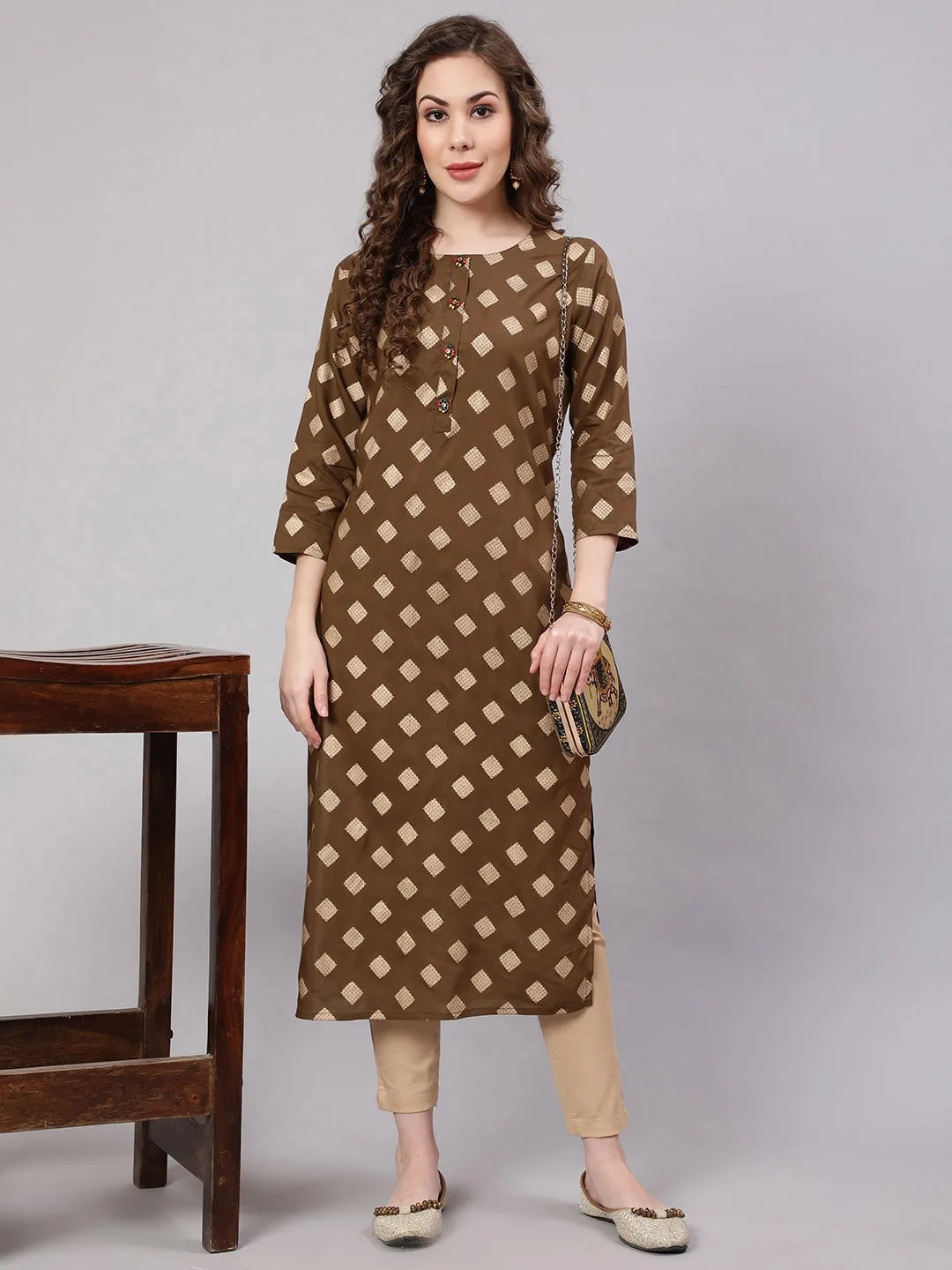Women Brown Rayon Slub Straight Kurta