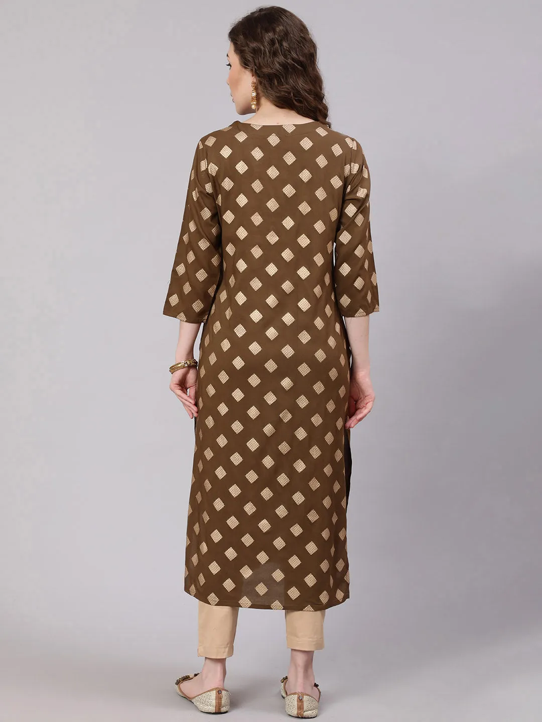 Women Brown Rayon Slub Straight Kurta