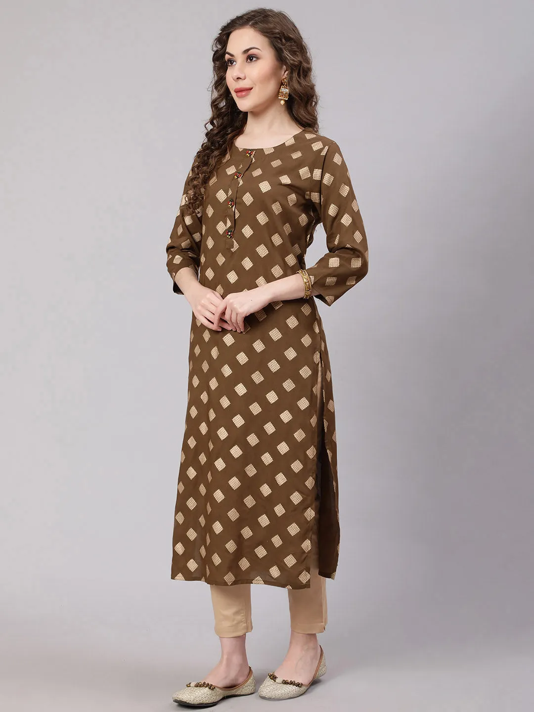 Women Brown Rayon Slub Straight Kurta