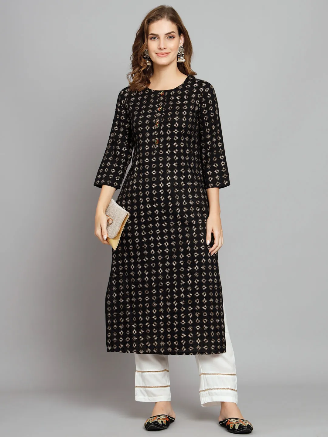 Women's Black Rayon Straight Kurta Palazzo Set