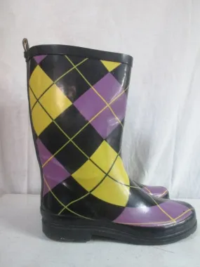 Womens Ladies ARGYLE Wellies Rain Boots Gumboots Foul Weather 9.5 YELLOW PURPLE BLACK